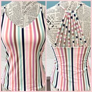 Raisins Tankini Vertical Slimming Stripes w/Fun Strappy Back Swimsuit Top Medium